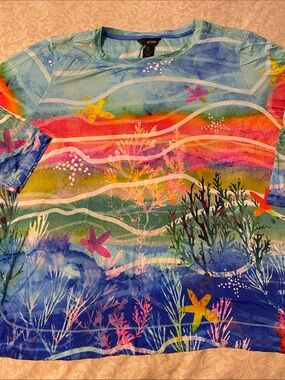 Ali Miles Multicolor Ocean Wave Starfish 3/4 Sleeve Top Sz 2X .. Cruising?